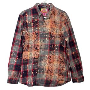 Handmade Floral Flannel Shirt Mens Size Large Unisex Bleached Plaid Button Down
